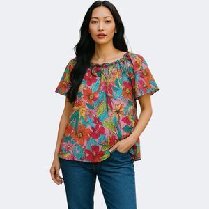 Avara Blouse Large Boho Floral Print Ruffle Sleeve Tropical Resort Casual Top